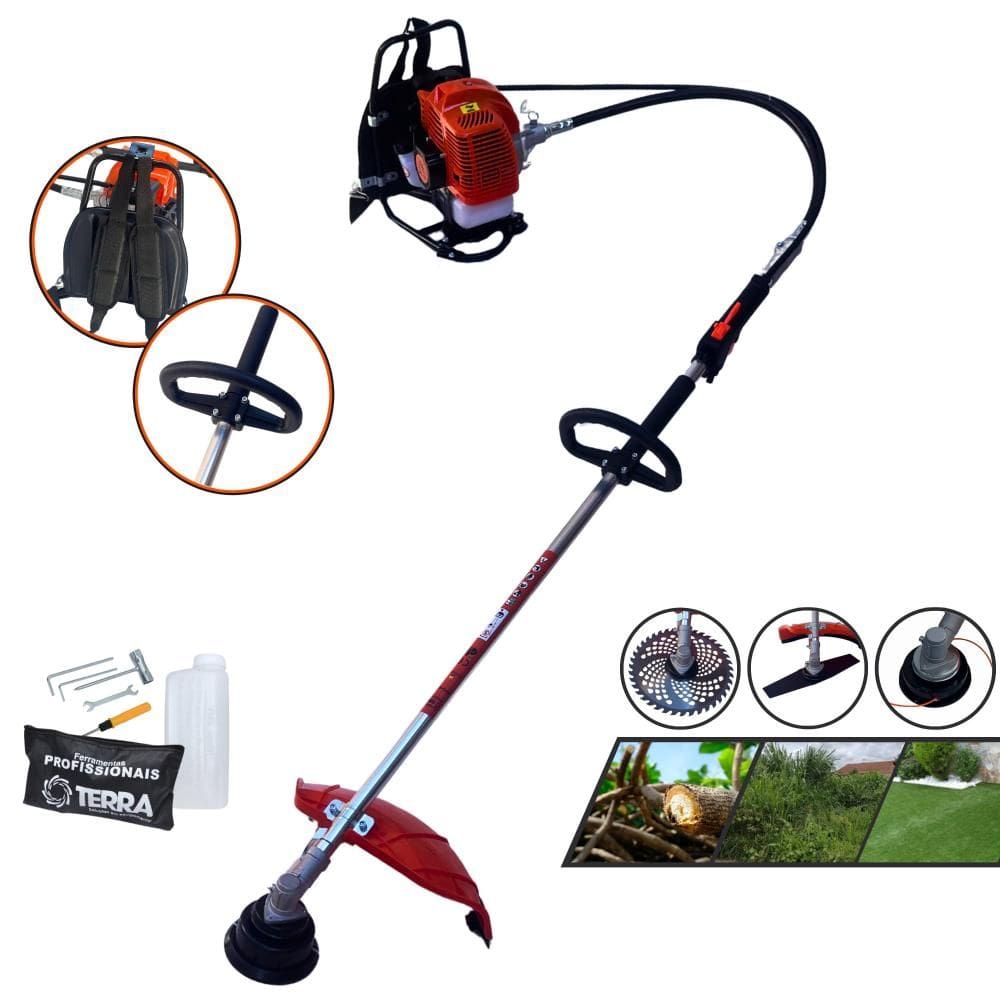 Roçadeira Costal Podador de Grama Profissional Terra GRC430 À Gasolina 2T 43cc 1,7HP + Lâmina 40 Dentes de Vídea + Lâmina 2 Pontas + Carretel de Nylon