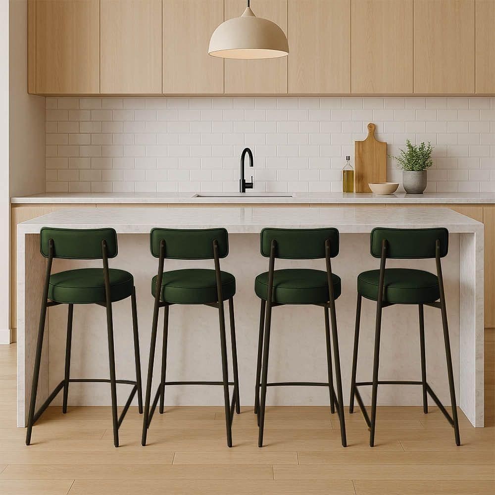 Banqueta Cozinha Alta Com Encosto Industrial Preto Kit 4 Londres Pu Verde D03 - D`rossi