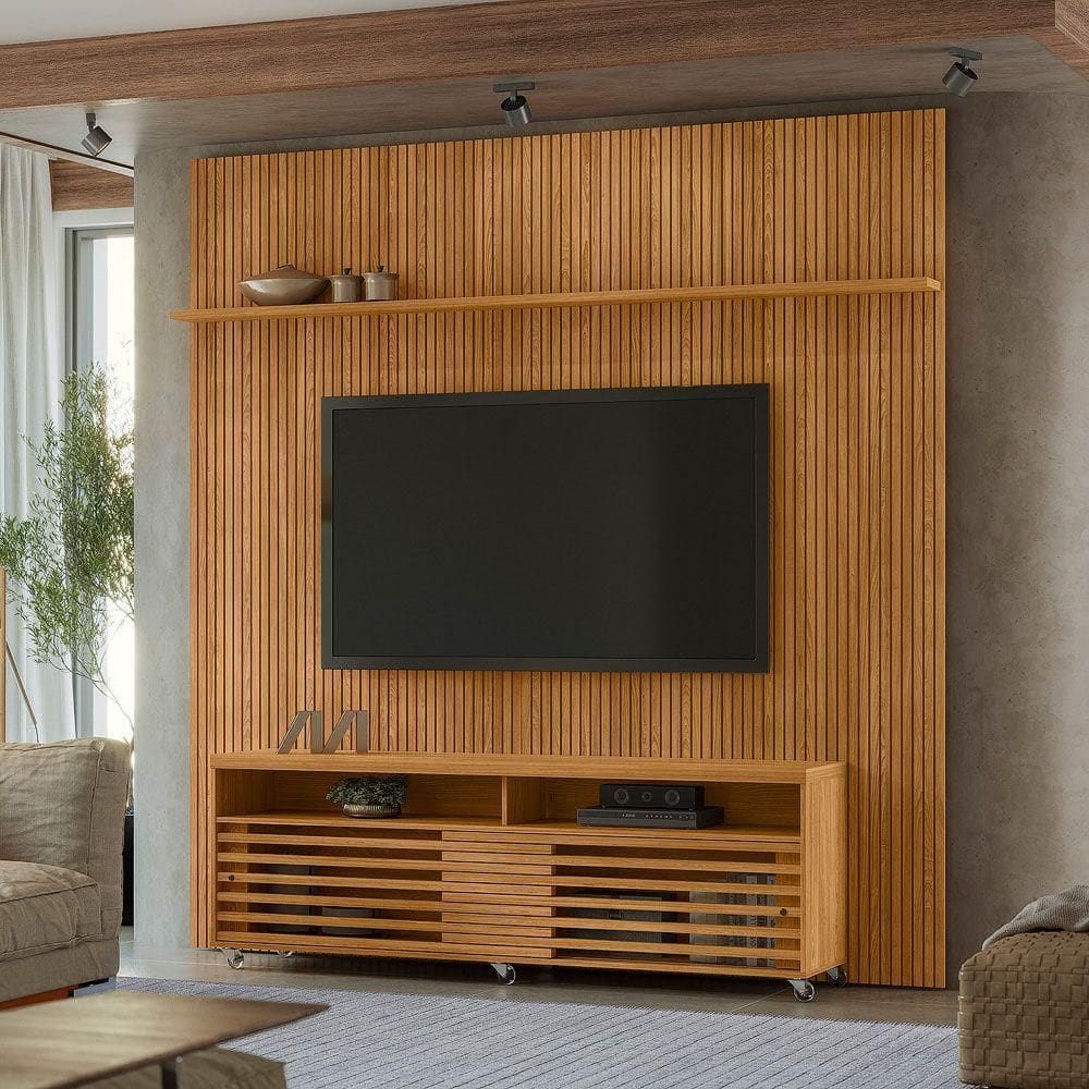 Painel Tv 75 Pol 238cm Ripado Kalven Com Rack Bancada Nerion M20 - D`rossi Cumaru(fosco)