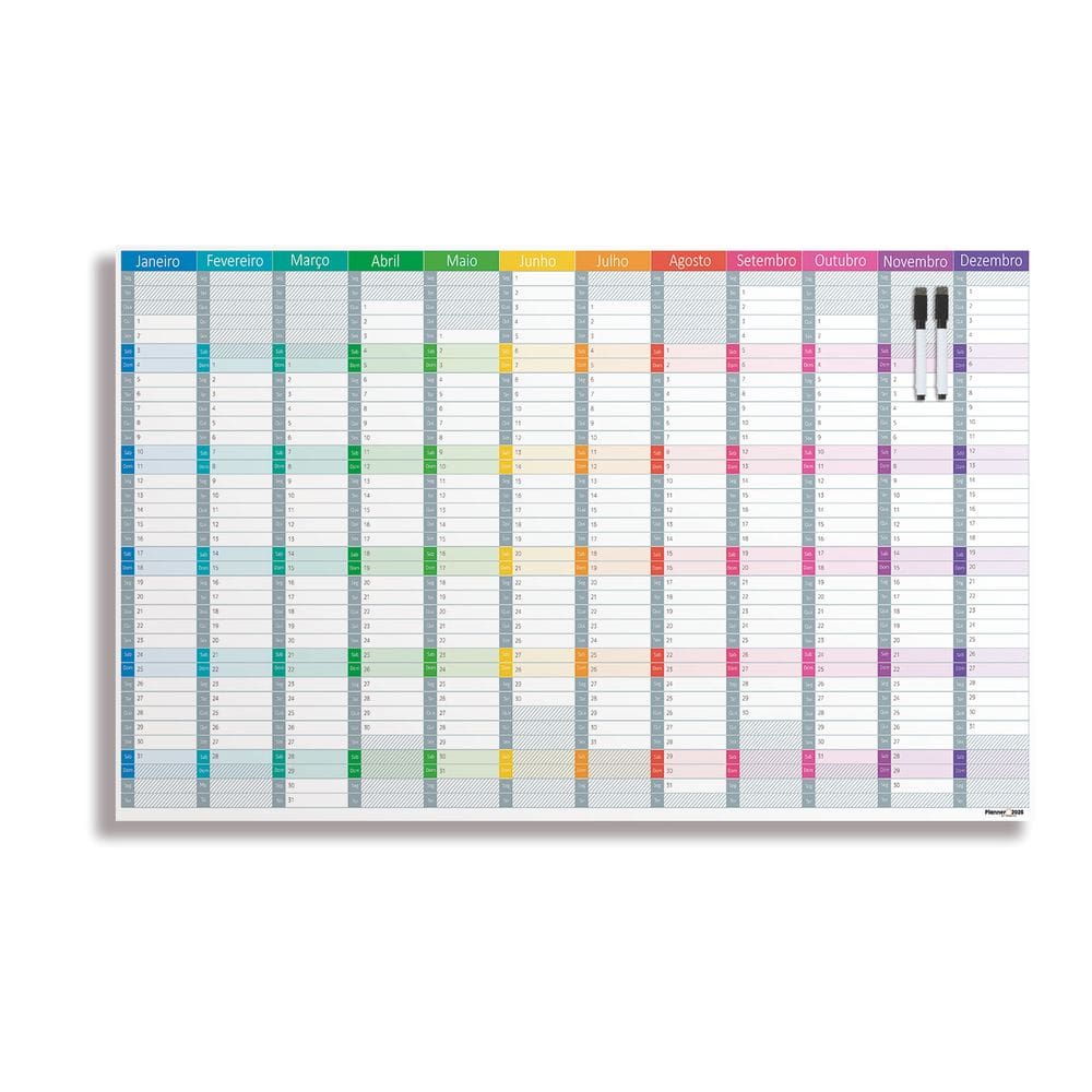 Quadro Lousa Planner Planejamento Anual 50x80cm - 2 Canetas e Suporte de Fixação
