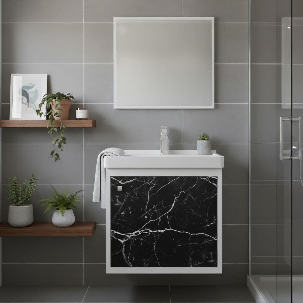 Kit Armário para Banheiro 40cm MDF com Cuba + Espelheira - Veneto Preto