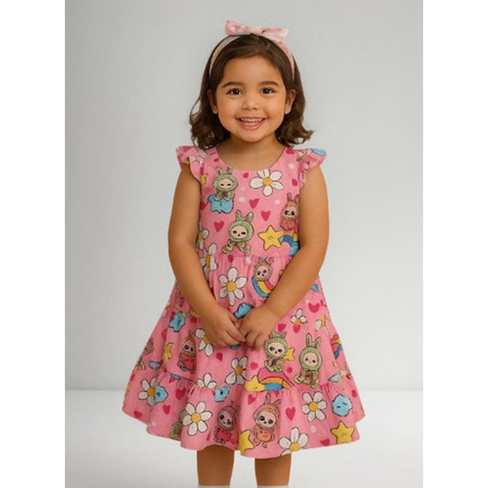 Vestido Infantil Tendência Meninas Boneco Labubu Chaveiro