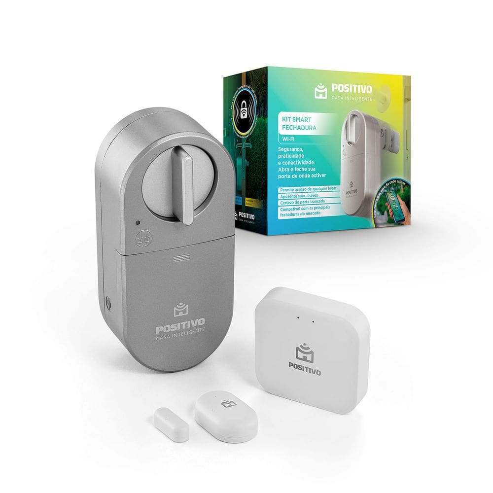 Kit Smart Fechadura Wi-Fi Positivo Casa Inteligente + Hub e Sensor de Abertura Bluetooth - 2600 mAh - Alerta de Bateria