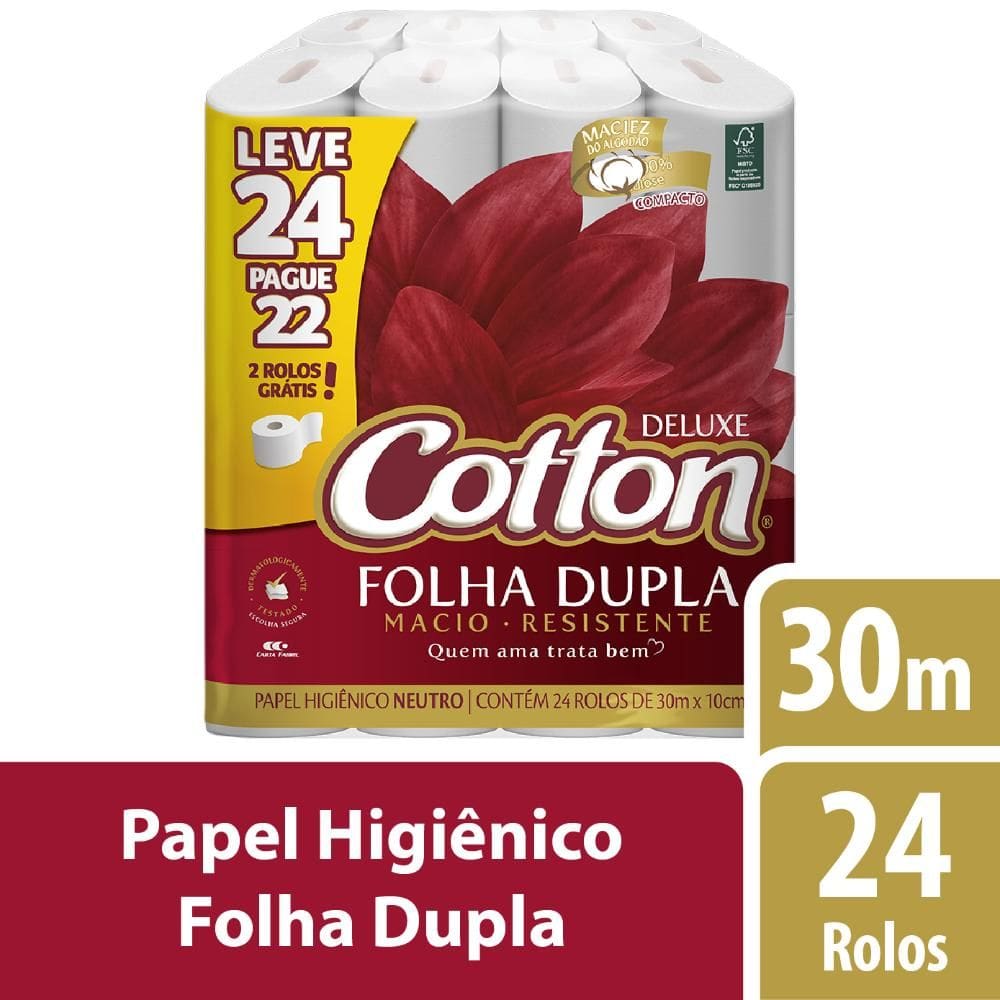 Papel Higienico Cotton Folha Dupla 30m 24 Unidades