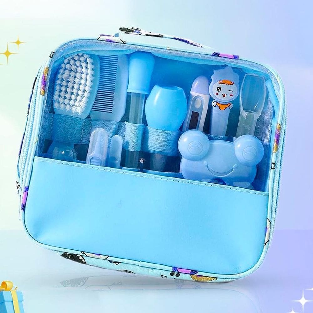 Kit Higiene Azul Bebê Aspirador Nasal Bolsa Pente Termômetro