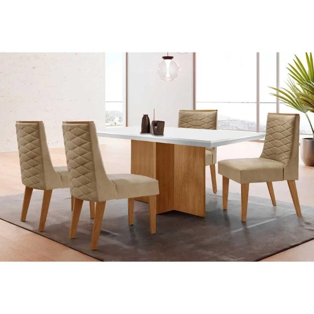 Conjunto Sala de Jantar Berlim c/ Tampo Madeirado c/ Vidro Canto Curvo 120x80cm e 4 Cadeiras Dafne Madeira Maciça Naturale/Off White - Capuccino/Linho