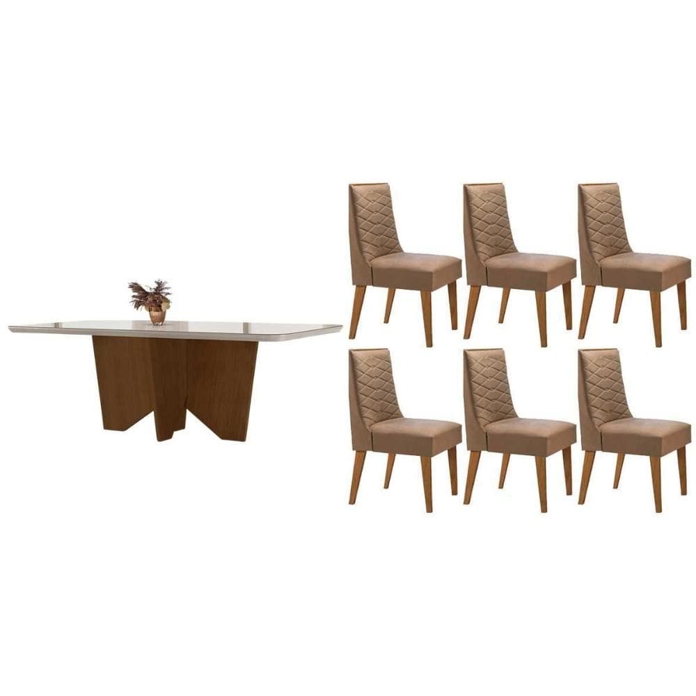 Conjunto Sala de Jantar Nevada c/ Tampo Madeirado c/ Vidro Canto Curvo 180x90cm e 6 Cadeiras Dafne Madeira Maciça Naturale/Off White - Capuccino/Linho