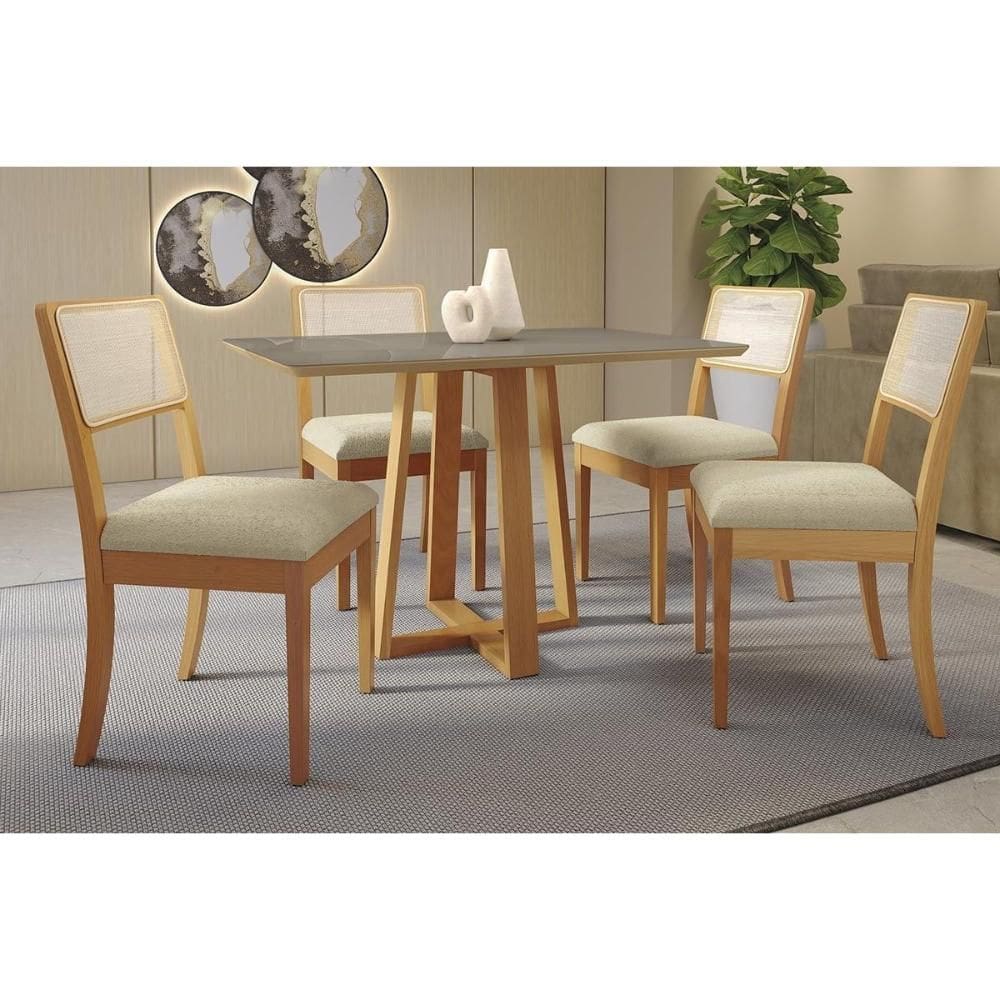 Conjunto Sala de Jantar Elma Premium Madeira Maciça c/ Tampo Madeirado c/ Vidro 120x80cm e 4 Cadeiras Lola Carvalho/Freijo Bronze - Boucle Bege-Kappes