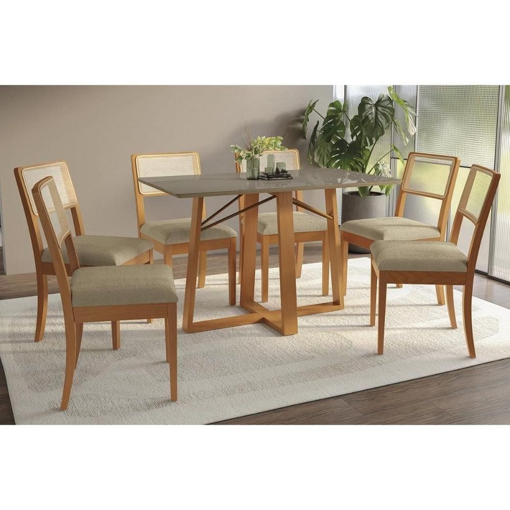 Conjunto Sala de Jantar Elma Premium Madeira Maciça c/ Tampo Madeirado c/ Vidro 160x90cm e 6 Cadeiras Lola Carvalho/Freijo Bronze - Boucle Bege-Kappes