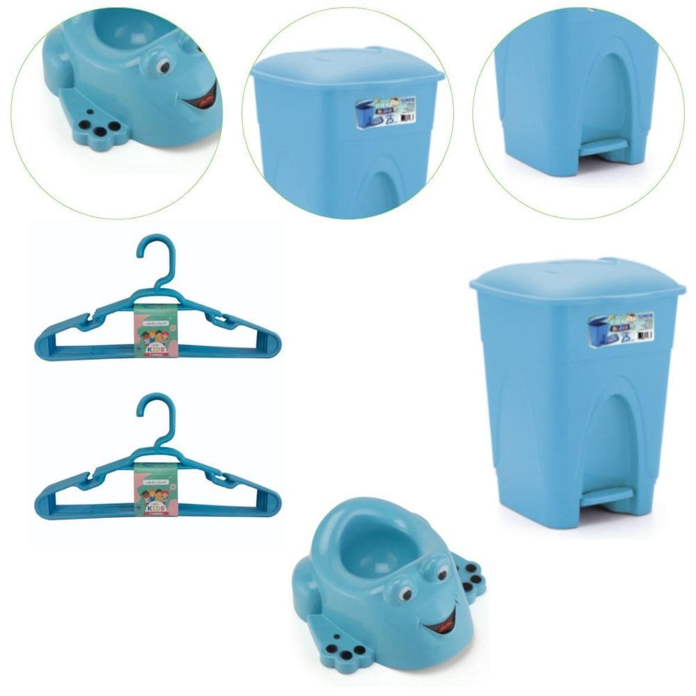 Kit Bebê Troninho Lixeira Cesto 7,5L E 10 Cabides Cor Azul