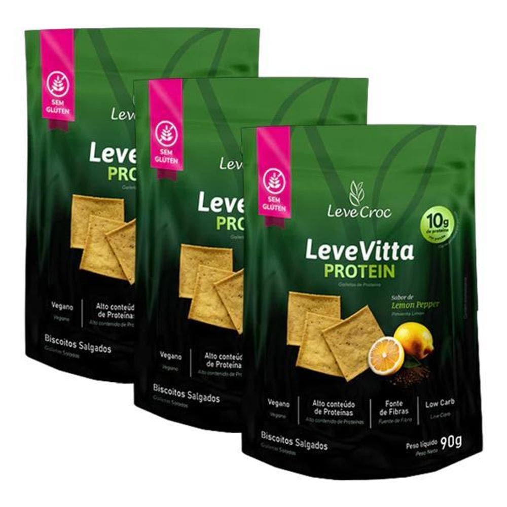 Kit 3X: Biscoito Leve Vitta Protein Lemon Pepper Leve Croc
