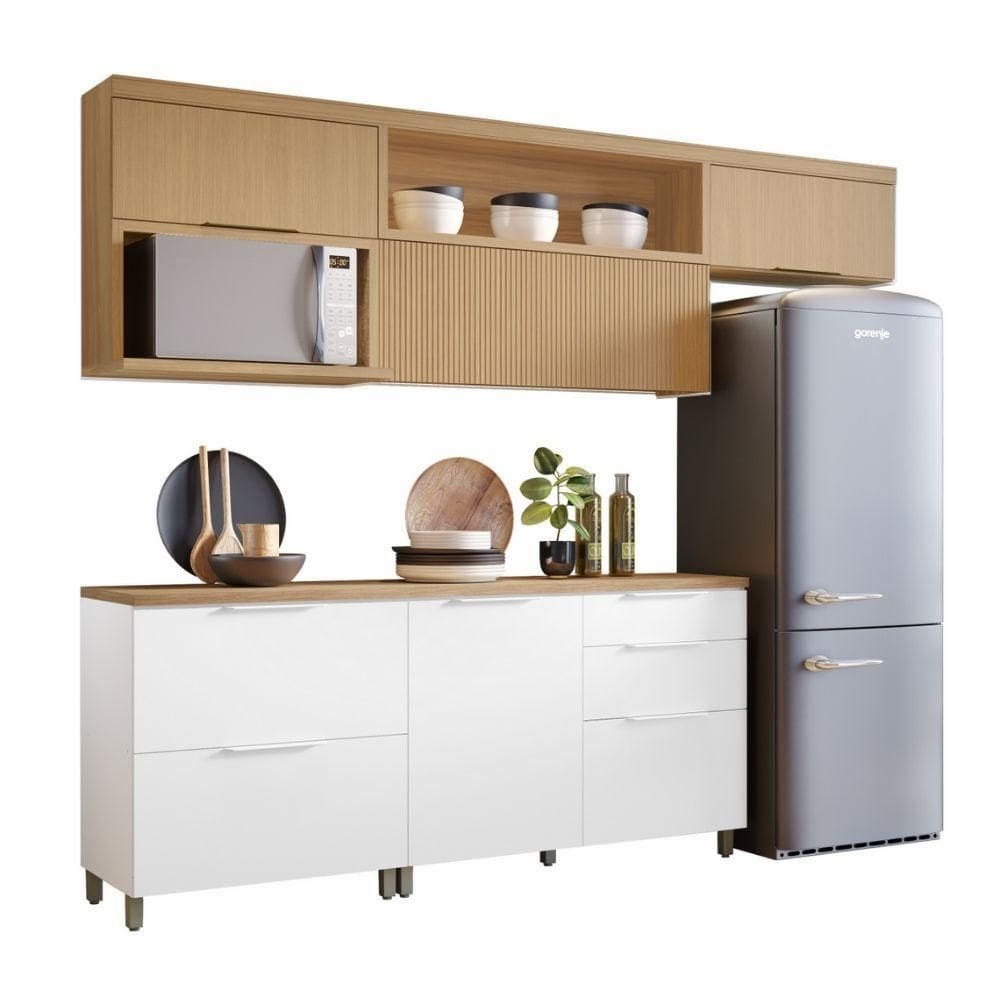 Armário De Cozinha Completa 100% Mdf 5 Portas 4 Gavetas Mariah Nesher Madeirado / Branco