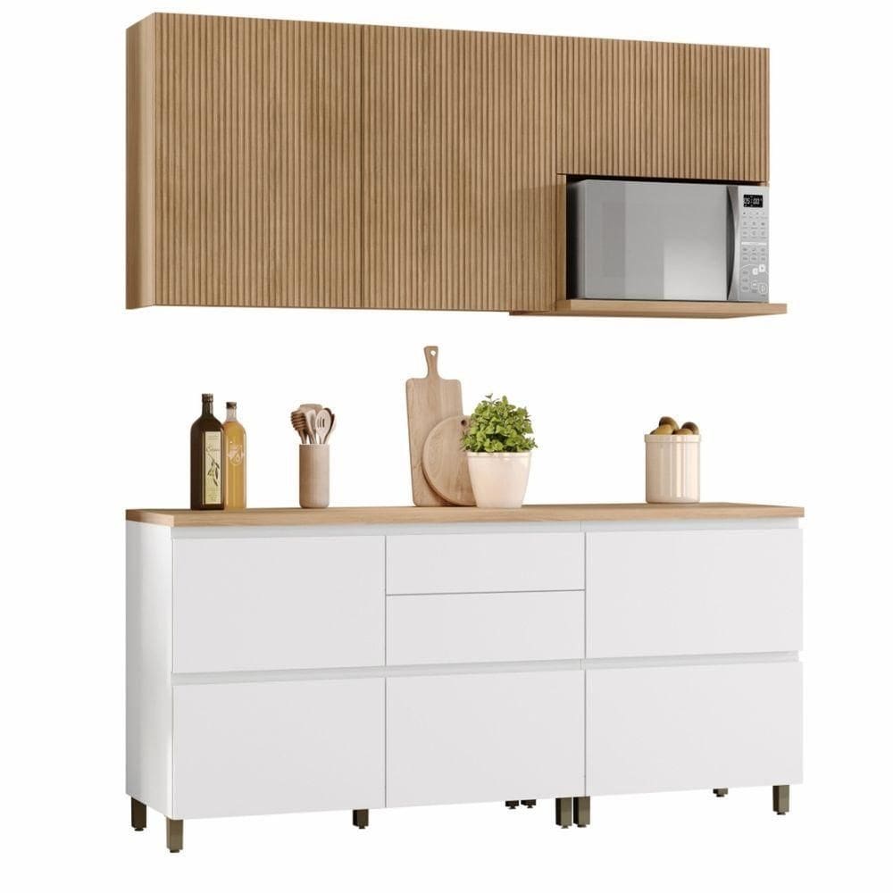 Armário De Cozinha Completa 100% Mdf 7 Portas 5 Gavetas Raissa Nesher Branco / Madeirado