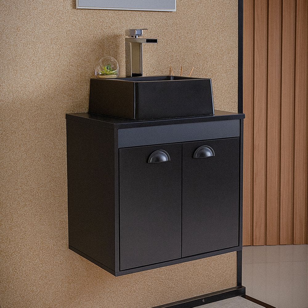 Gabinete Armário para Banheiro 50cm MDF com Cuba - Pompeia Preto