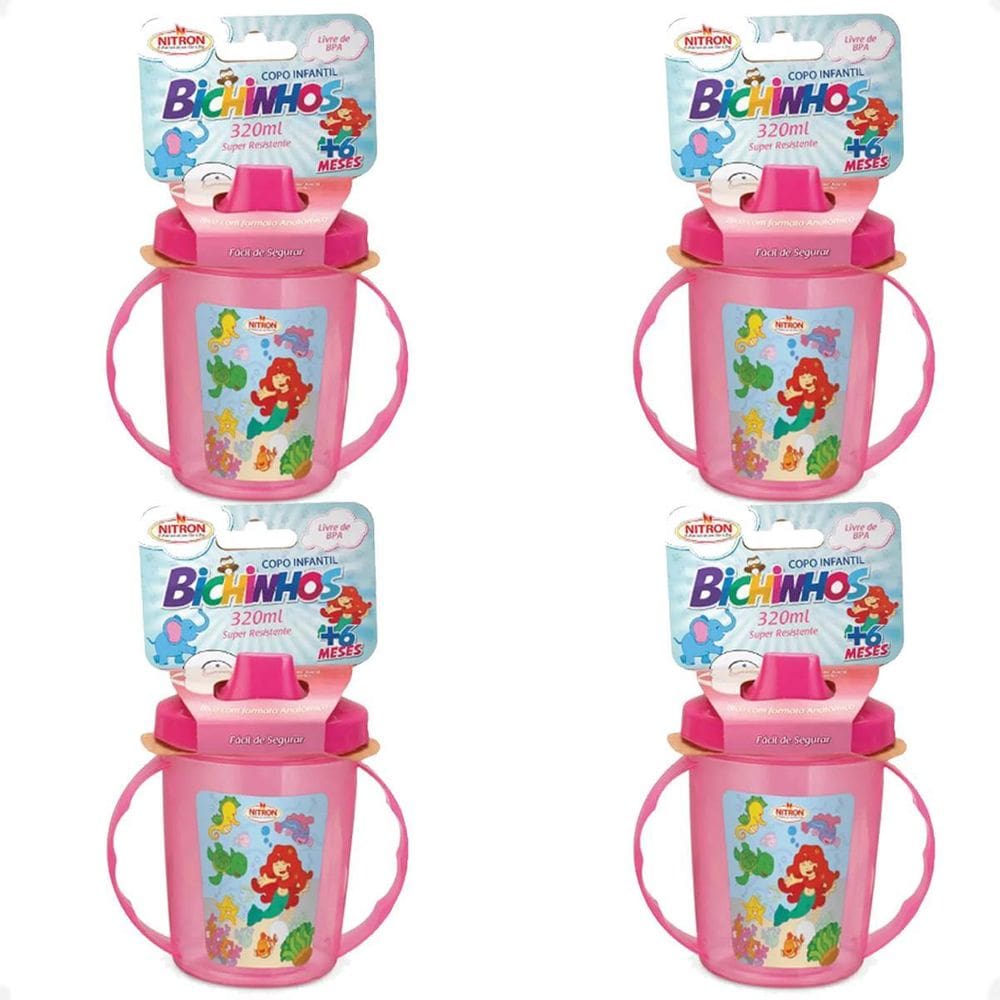 Kit 4 Copo Infantil Com Alças/Bico 320Ml 6 Meses Rosa