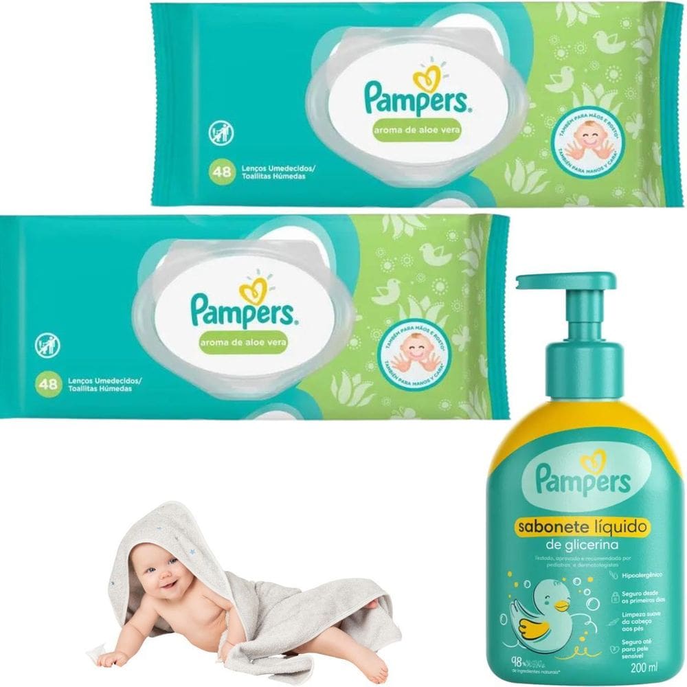 Kit Pampers Lenços Umedecidos Baby Sabonete Liquido Bebê