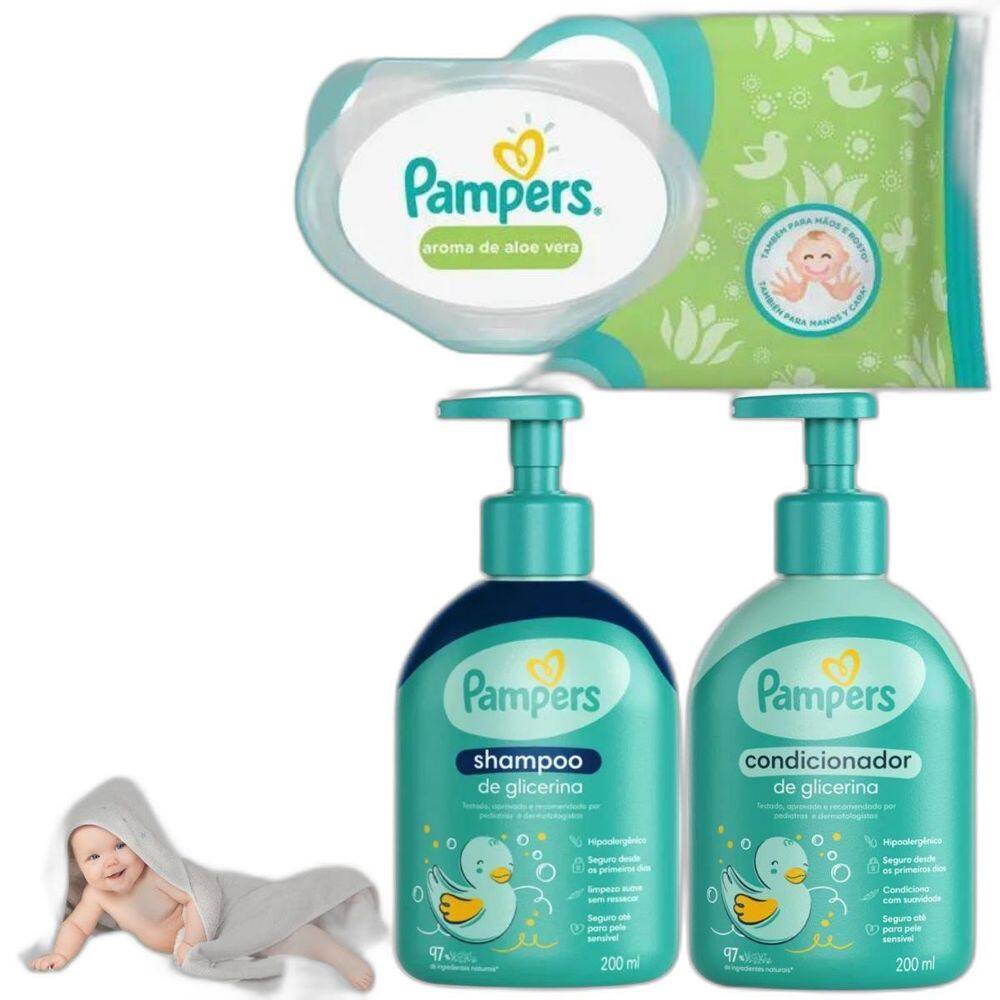 Kit Pampers Shampoo Condicionador Lenço Umedecidos Glicerina