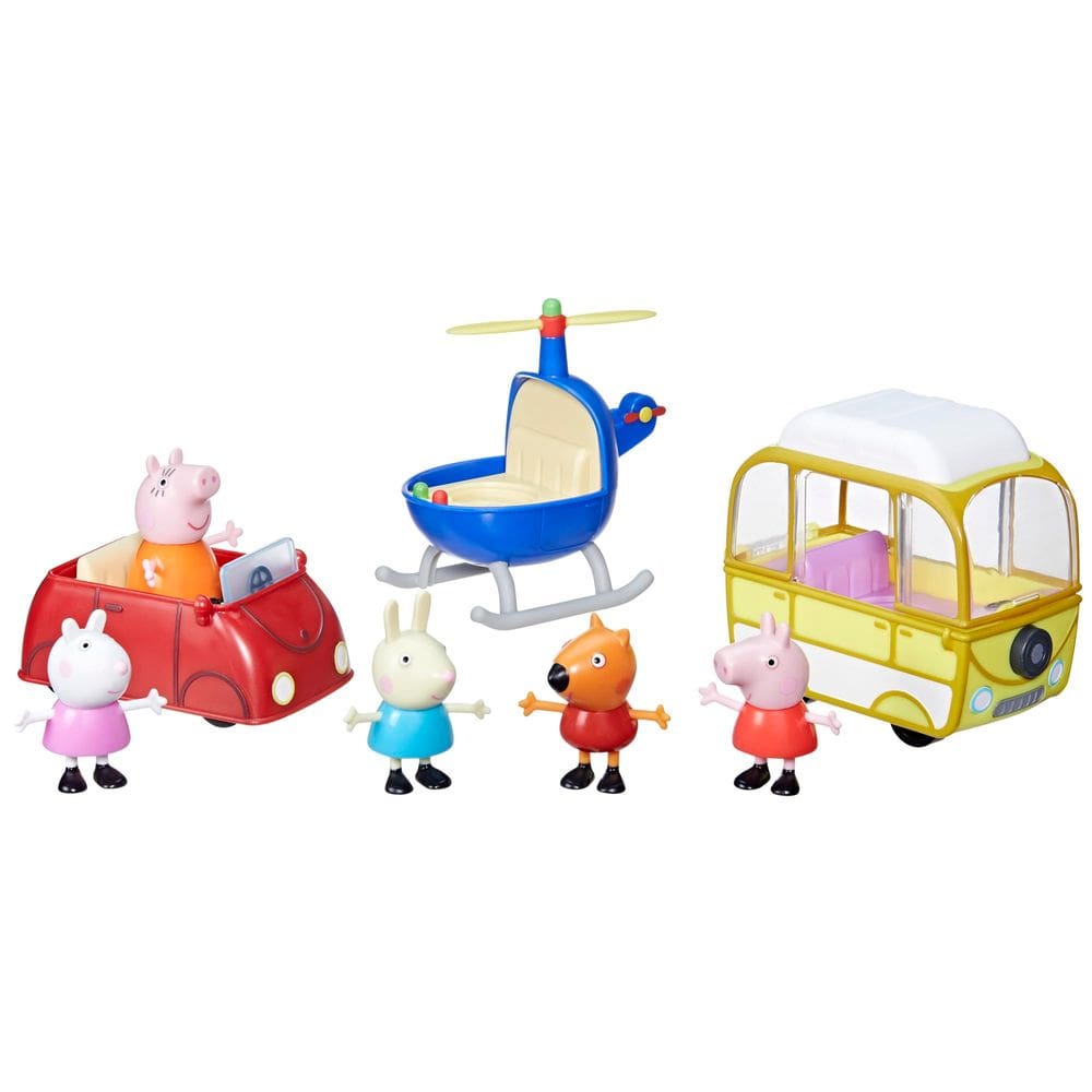 Playset Peppa Pig O pequeno veículo da Peppa com helicóptero, trailer, carro e 5 bonecos