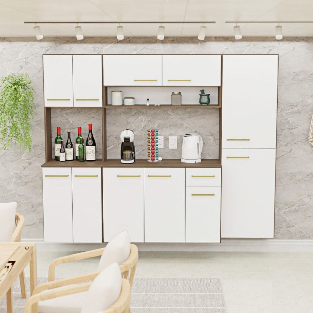 Cozinha Modulada Completa Compacta Torre Quente Armário Aéreo e Balcão Auxiliar Aura Nogal/Branco