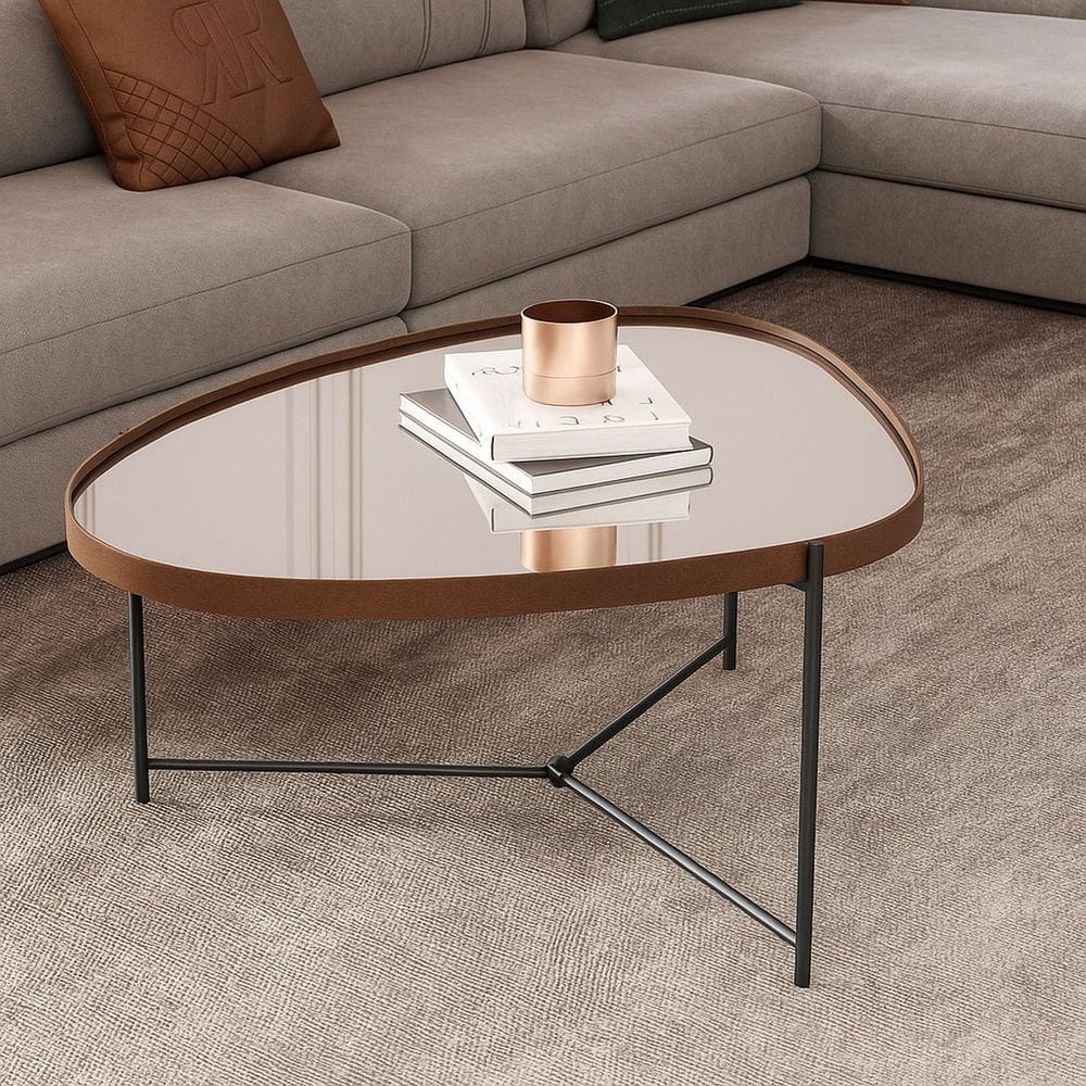 Mesa de Centro com Borda em Couro Sintético Espelho e Pés em Ferro Alamanda Castanho/Preto