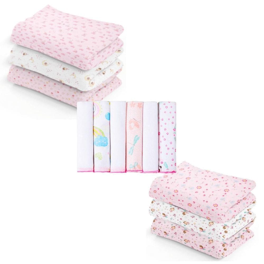 Kit 12 Bebê Cueiro Rosa Flanelado Liso Estampado+ Pano Boca