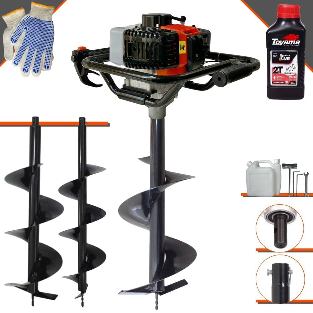 Trado Perfurador de Solo Máquina Fura Terra Vant VPS52 À Gasolina 2T 52cc 2HO 6.500rpm + Brocas 80x20, 80x25 e 80x30 + EXTRA ÓLEO TOYAMA 2T
