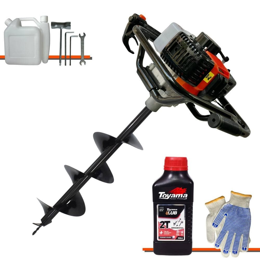 Perfurador de Solo Profissional Vant VPS52 À Gasolina 52cc 2HP de Potência 6.500rpm + Broca 80X20cm Para Construção Civil + ÓLEO TOYAMA 2T