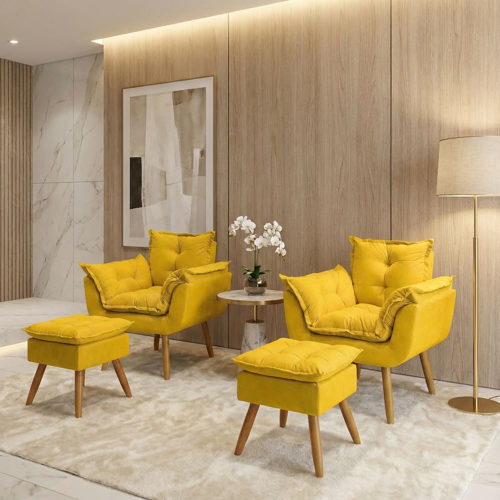 Kit 2 Poltronas Decorativa e 2 Puffs Para Sala Recepção Manicure Consultório Quarto Alice Tecido Suede