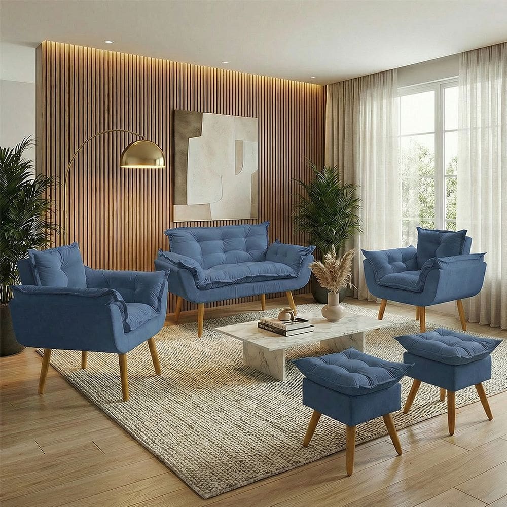 Kit Namoradeira 2 Poltronas e 2 Puffs Confortável Para Sala Recepção Manicure Consultório Alice Suede