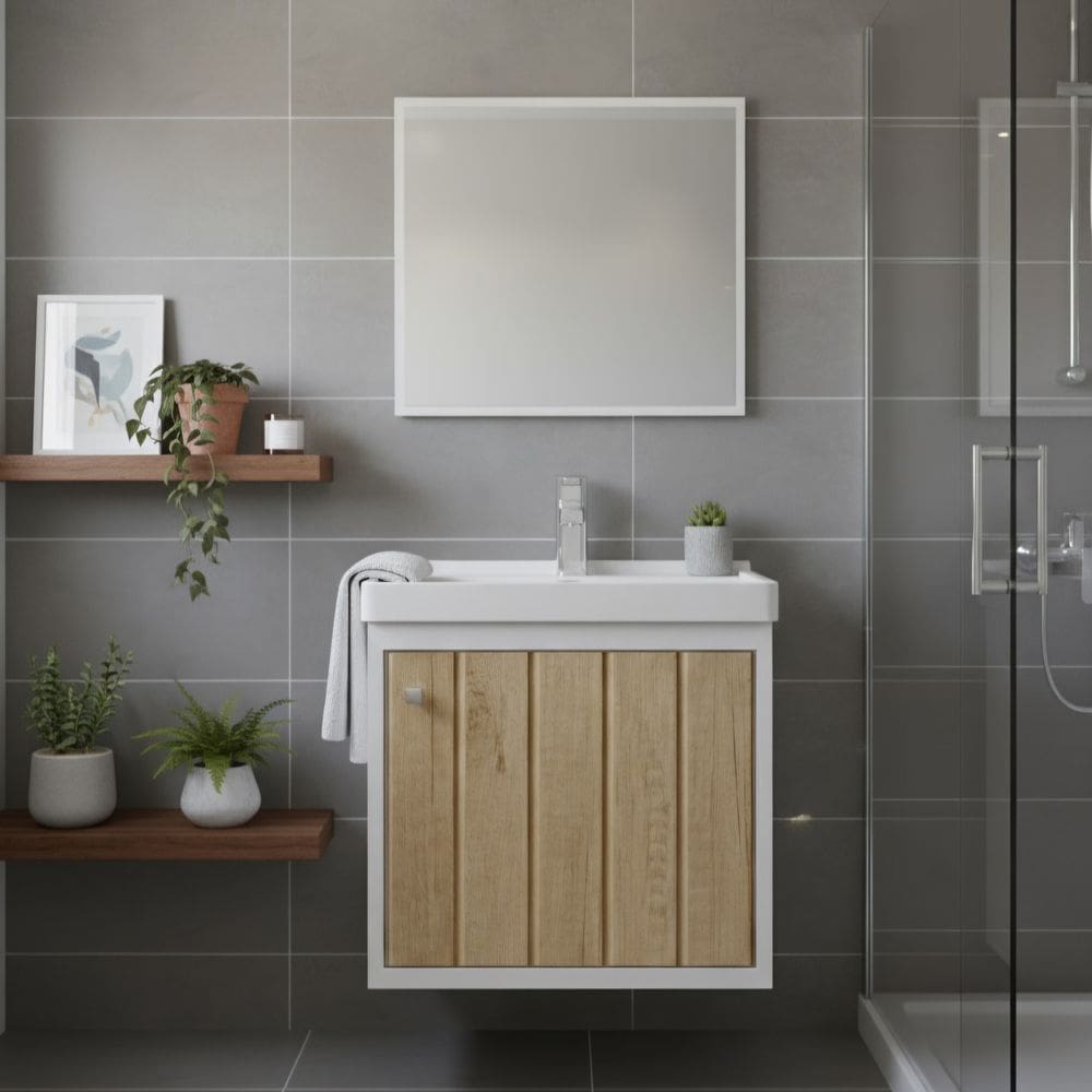 Kit Armário para Banheiro 40cm MDF com Cuba + Espelheira - Veneto Berlin Ripado