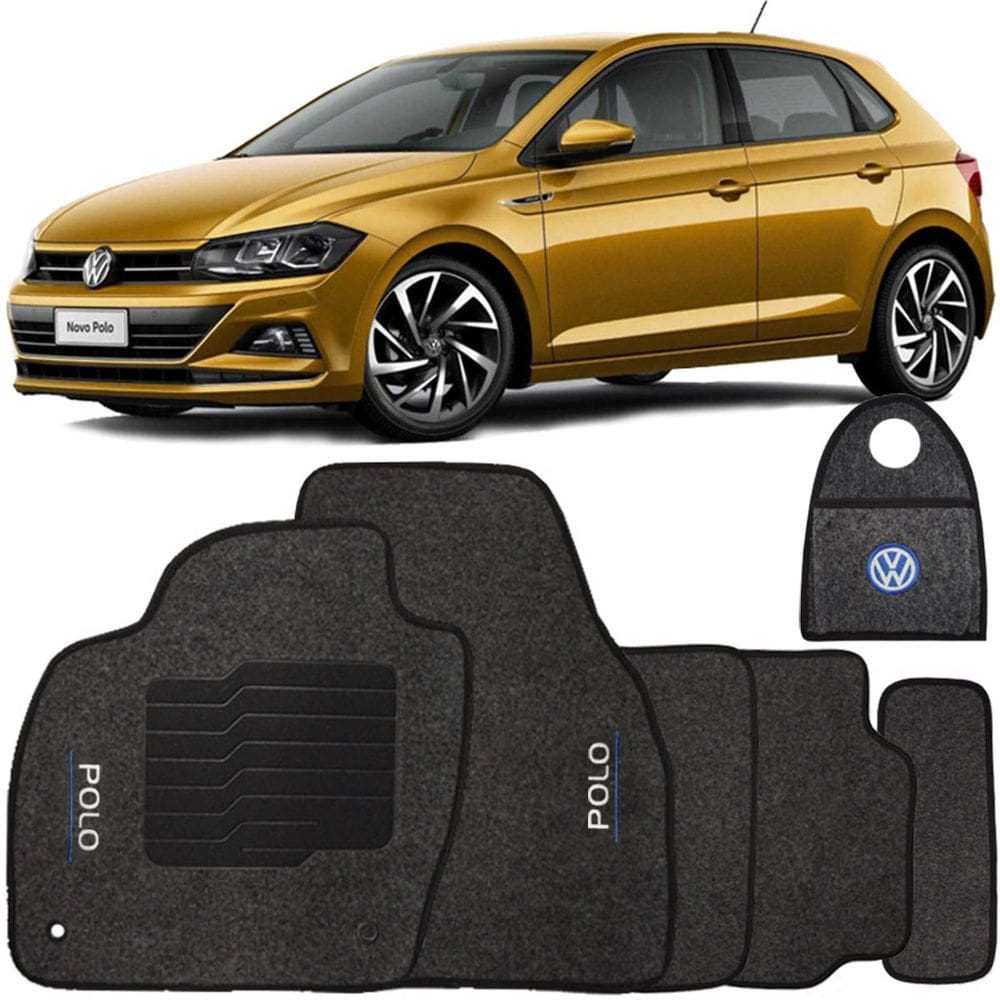 Jogo Tapete Automotivo Carpete + Lixeira Polo 2018 à 2025 Soft Logo Bordado Grafite 6 Pçs