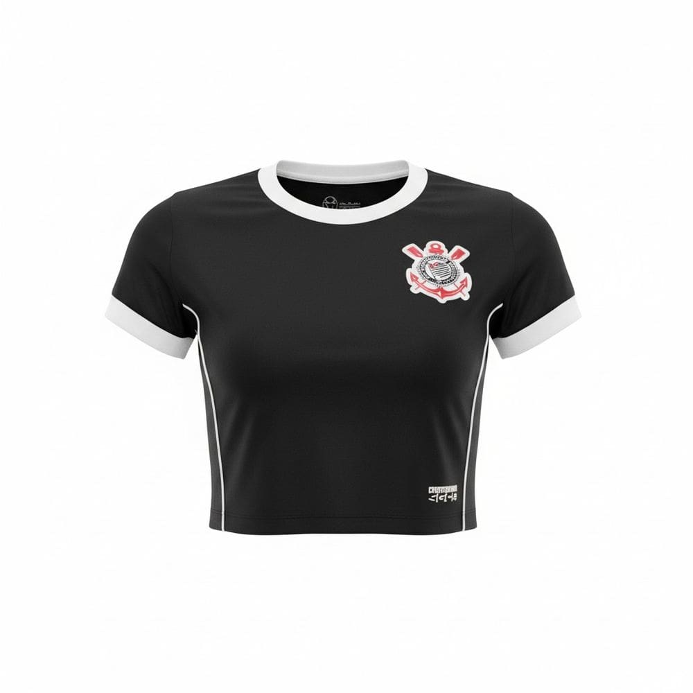 Camisa Feminina Corinthians Cropped Casual Logo Bordado