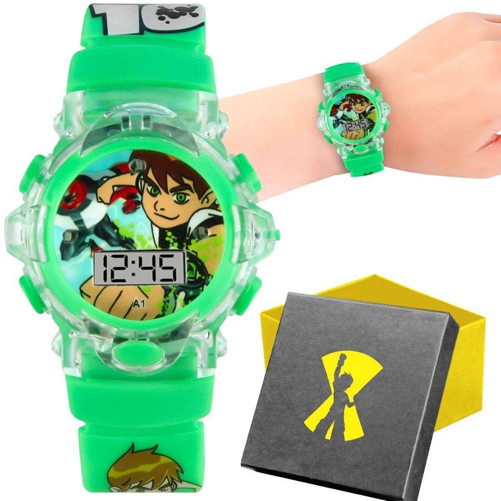 Relógio Digital Led Infantil Silicone Ben10 Verde Luz +