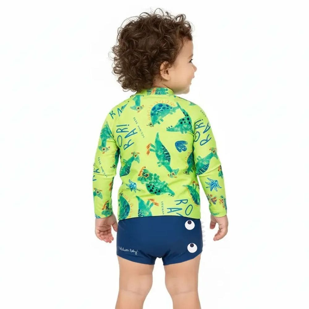 Conjunto Praia Bebê Proteção UV50+ Dinossauros Amarelo Neon Kamylus
