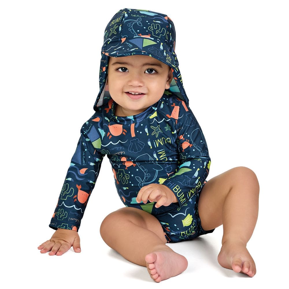Macaquinho Praia Bebê com Boné Proteção UV Bichinhos do Mar Marinho Kamylus