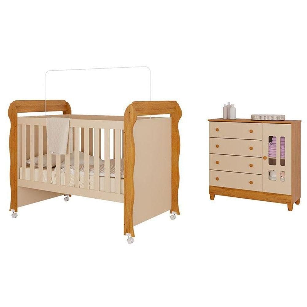 Berço Americano Mirelle E Cômoda Infantil Ariel Off White Bétula- Carolina Baby