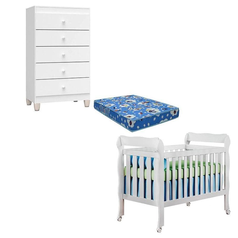 Berço Americano Lila Com Colchão Para Berço Americano E Cômoda Gaveteiro Ternura Baby Branco Brilho - Incorplac