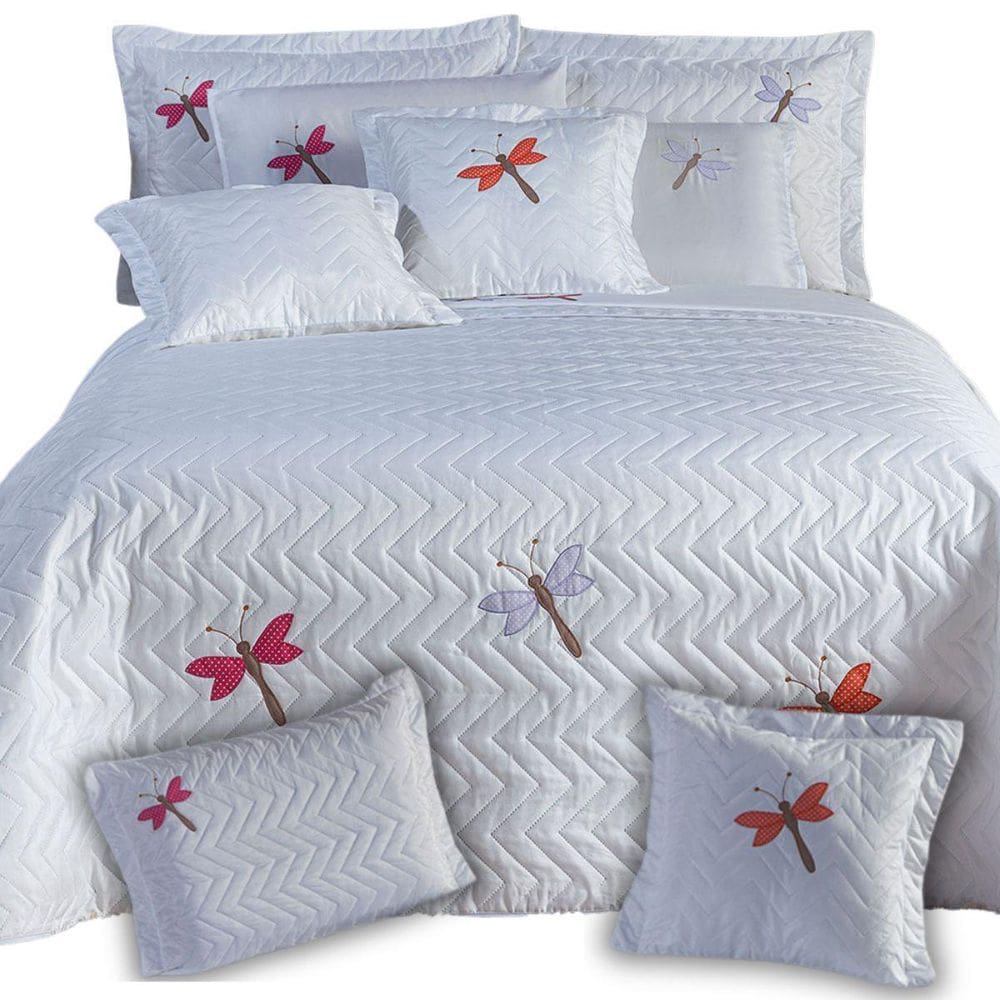 Kit Cobre Leito Casal Padrão 3Pçs Bordado Libélula Toque