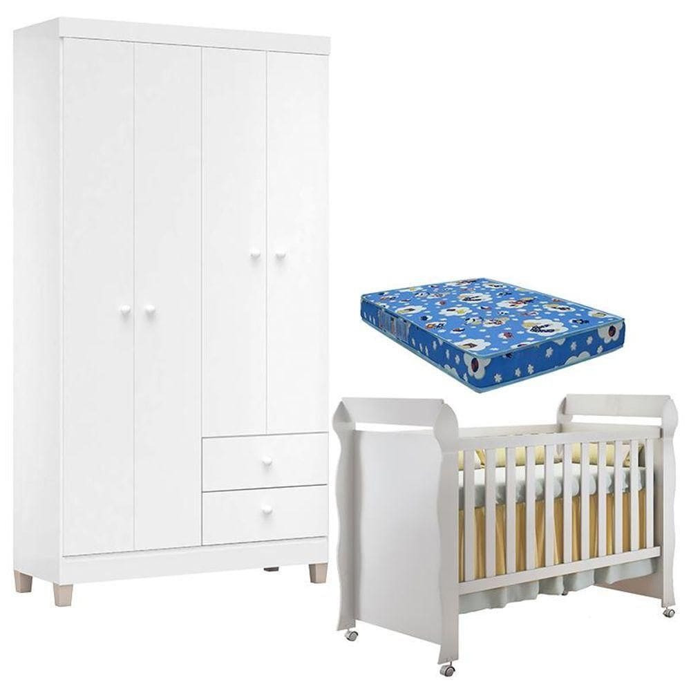 Berço Americano Mirelle Com Colchão Para Berço Americano E Guarda Roupa Ternura Baby 4 Portas Branco - Incorplac