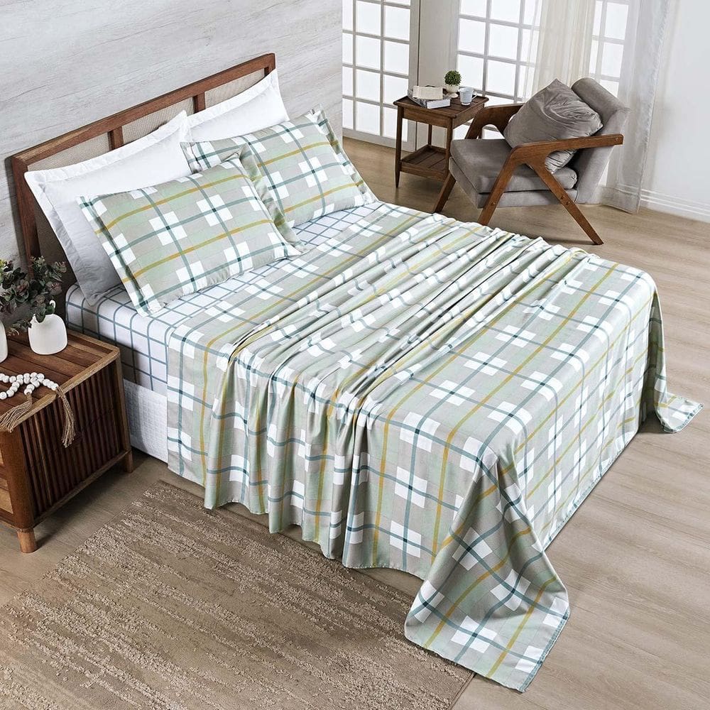 Jogo Lençol Belle King 400 Fios Estampado 4Pçs Grid Verde