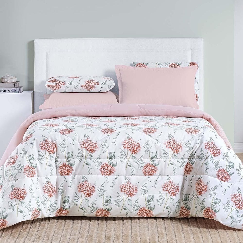 Edredom Maris Super King Percalle Floral Hortênsia Salmão