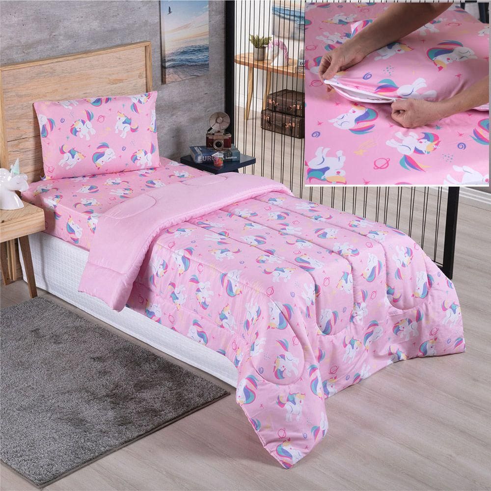 Kit Coordenado Edredom Lençol Solteiro Alegria Unicórnio