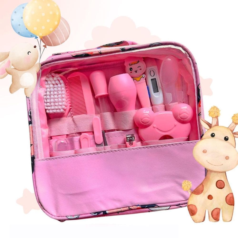 Kit Higiene Bebê Rosa Escova De Dedo Termômetro Bolsa