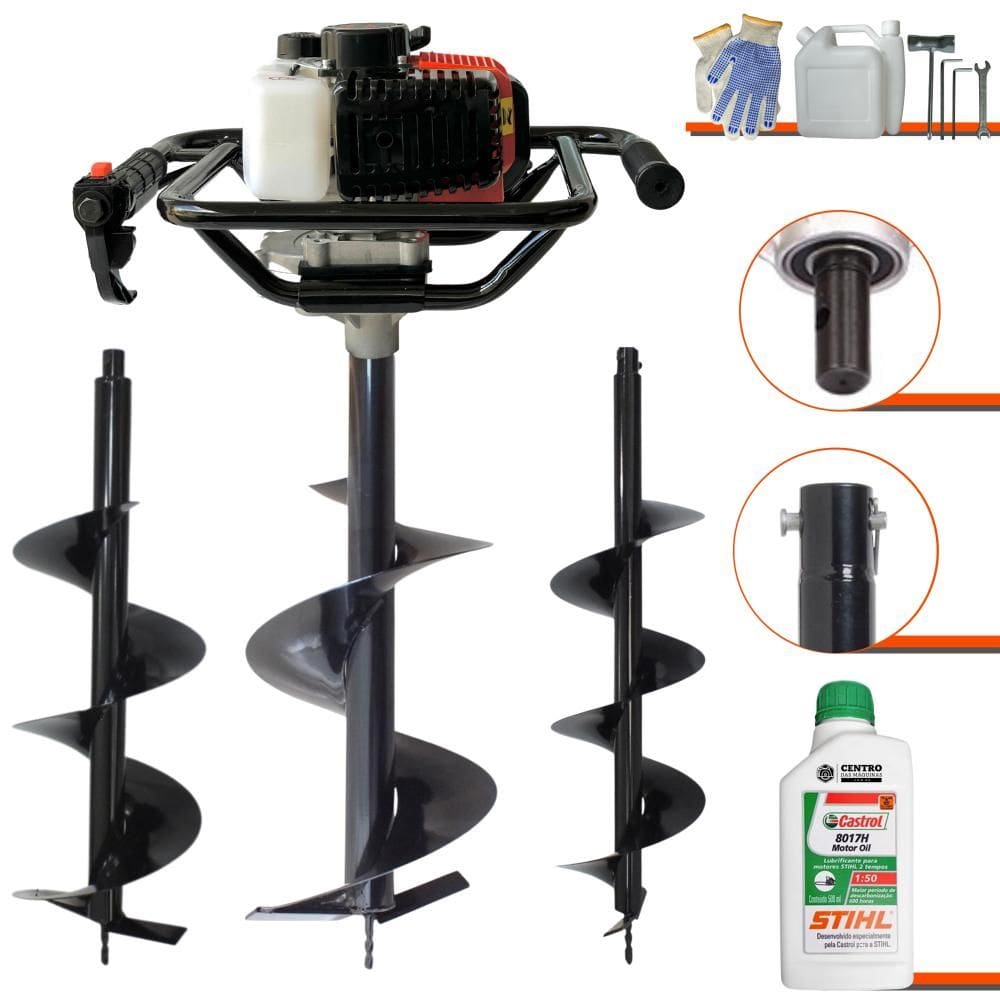 Perfurador de Solo À Gasolina Vant VPS52 52cc 2HP de Alta Rotação e Performance + Brocas 80x20cm, 80x25cm e 80x30cm + ÓLEO STIHL 2T
