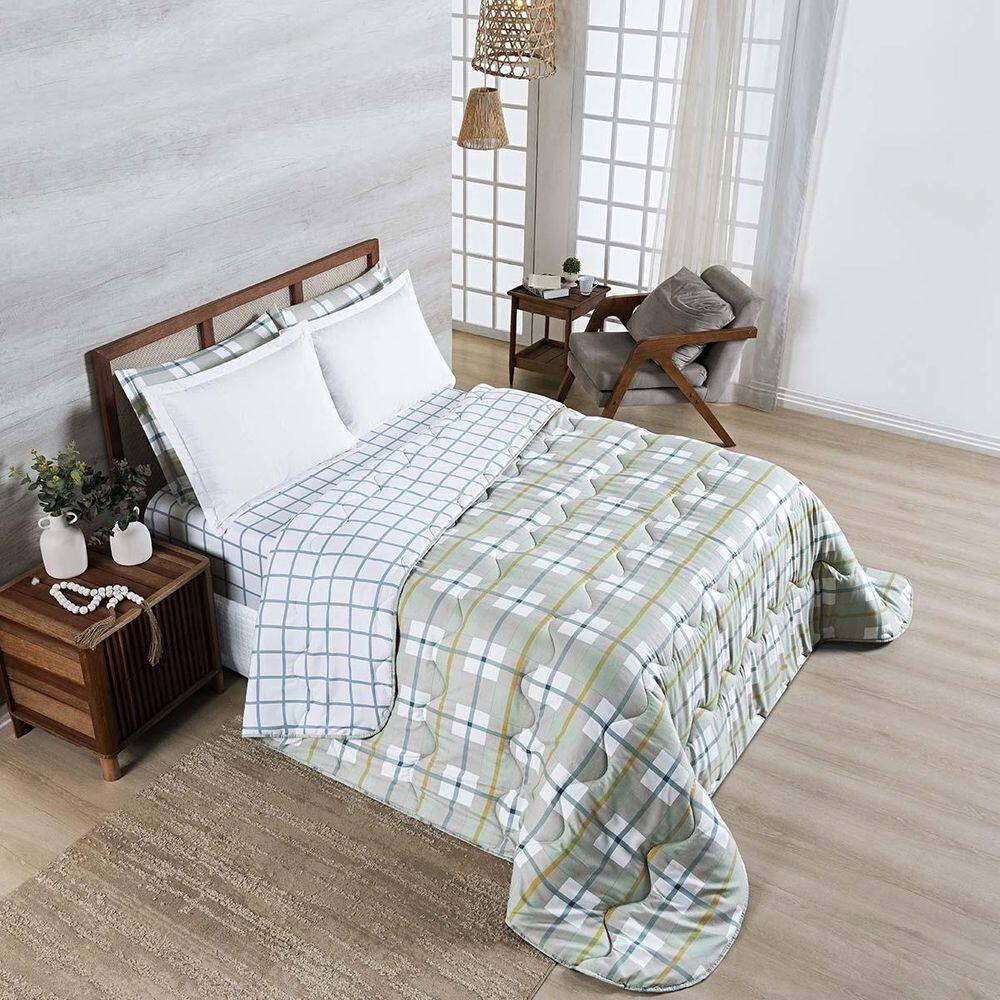 Edredom Cobertor Belle Queen 400 Fios Dupla Face Grid Verde