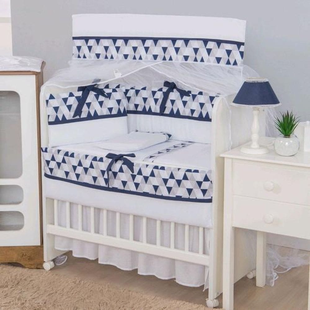 Kit Mini Berço Algodão 8 Pcs Bebê Menino Bandeirola Marinho