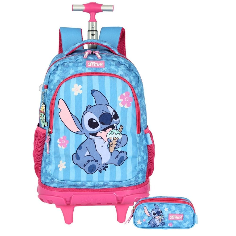 Kit Lilo Stitch Mochila 2Em1 Rodas Costas + Estojo Triplo