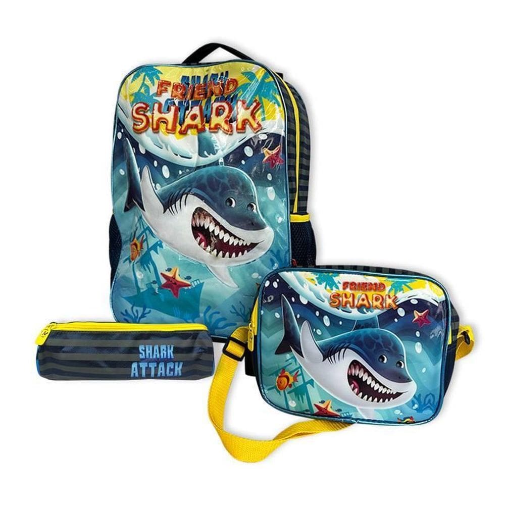Kit Mochila Infantil Escolar Com 03 Peças Tubarão Amarelo