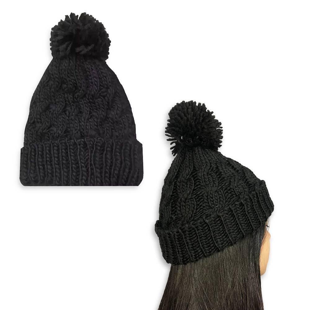 Touca De Frio Com Pompom Preta Gorro De Lã Tricot Inverno