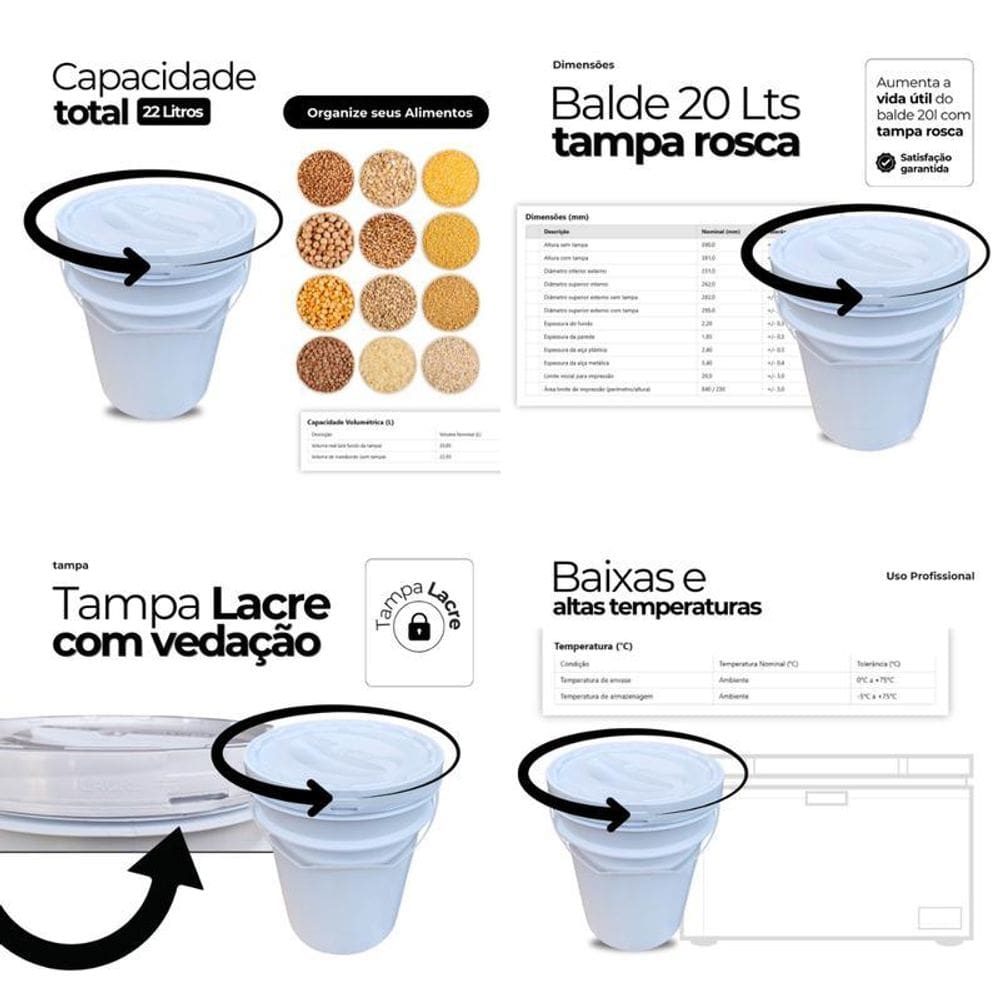 Balde 20L Tampa Rosqueavel Para Vinagrete - Kit 11 Pçs